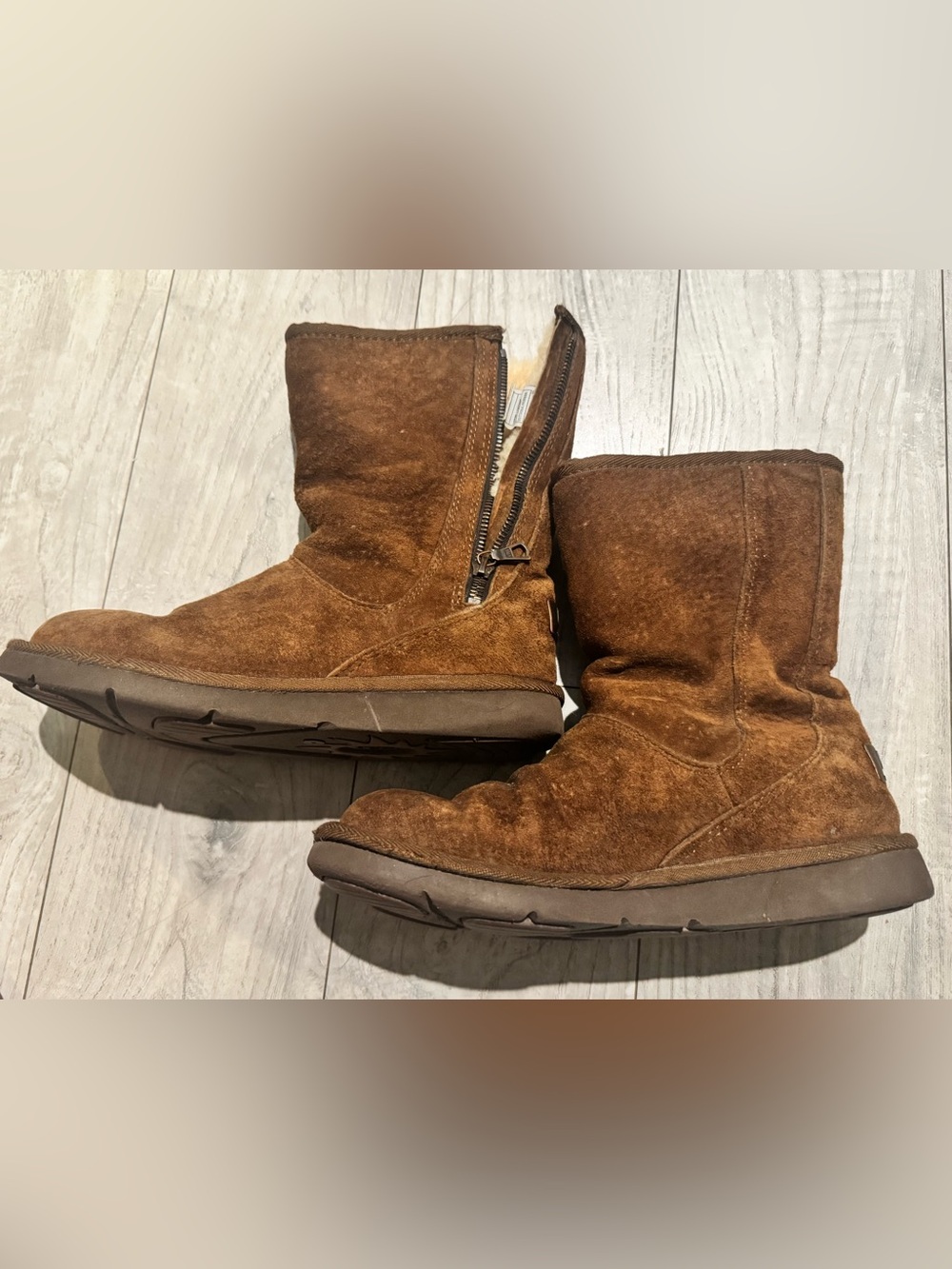 UGG women’s Mayfair Chestnut Suede Zip-Front Boots Metal Logo
